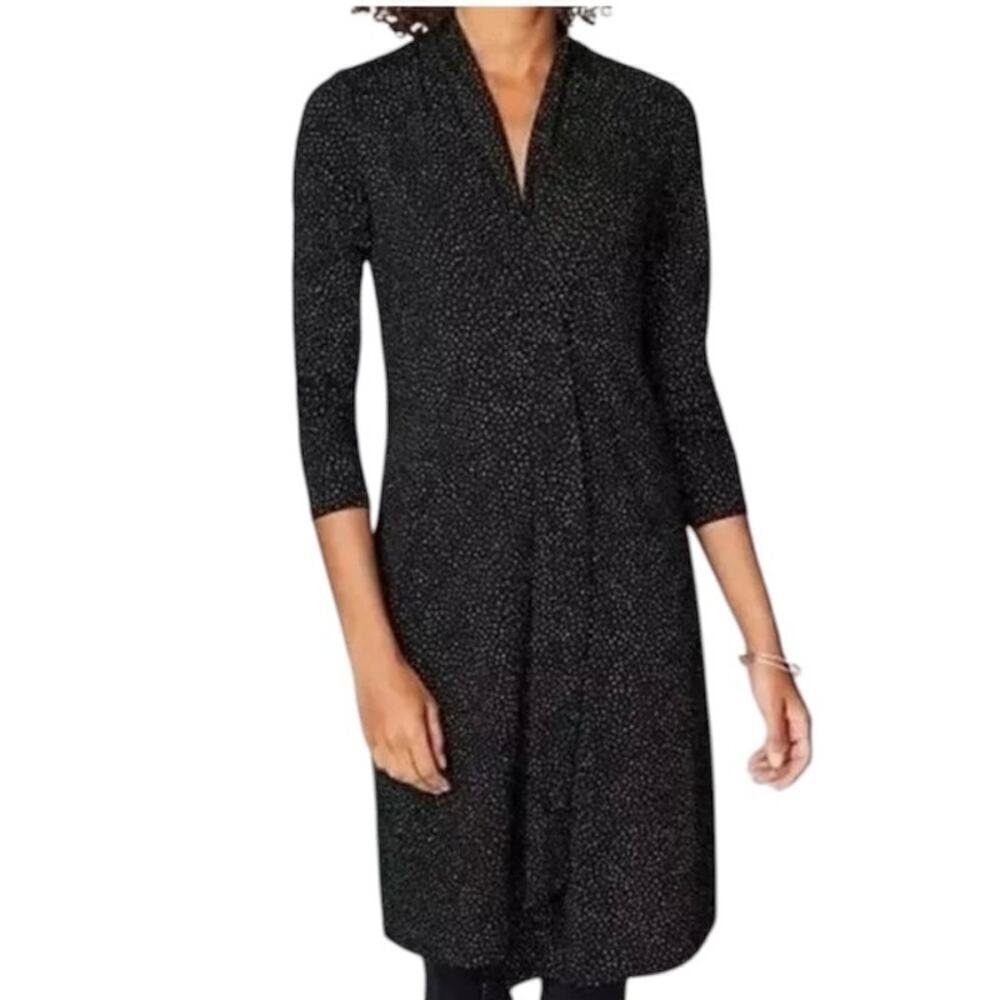 J.Jill polka dots, plunge, faux wrap,‎ long sleeve  dress black Large